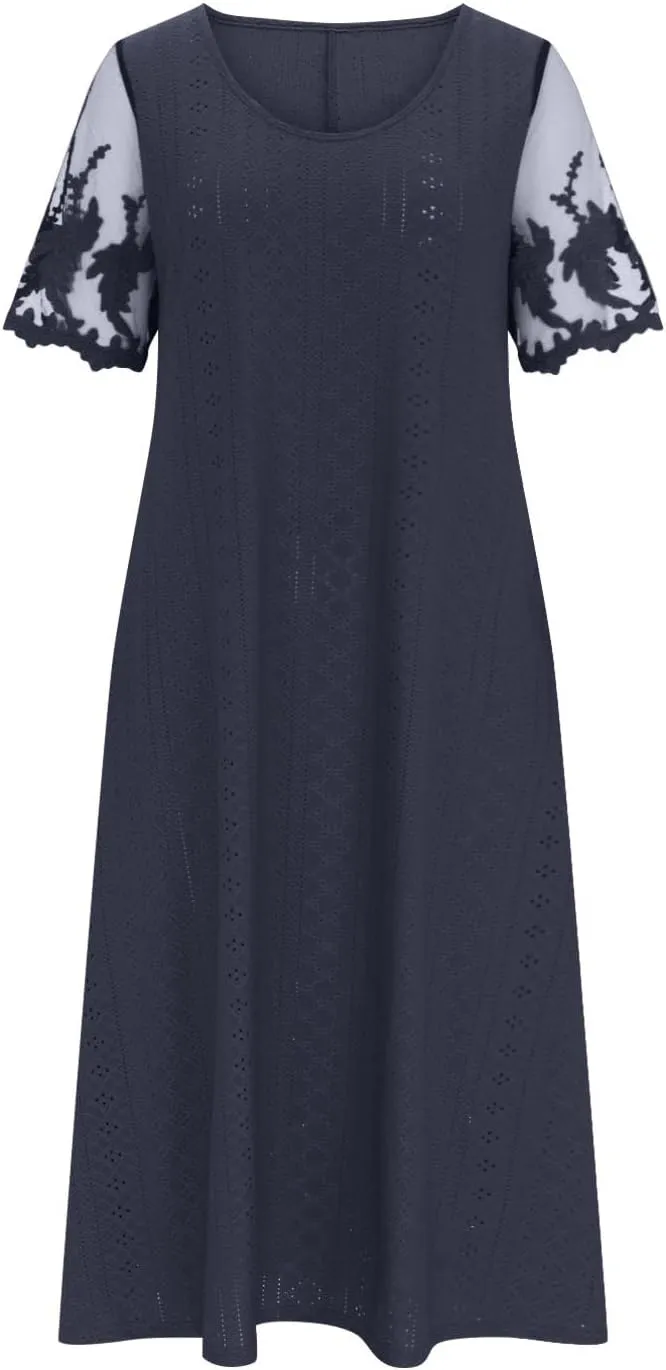 Summer Fashion Eyelets Midi Dress Women Lace Raglan Sleeve Pleated Flared Dresses Loose Casual Lounge Outfits