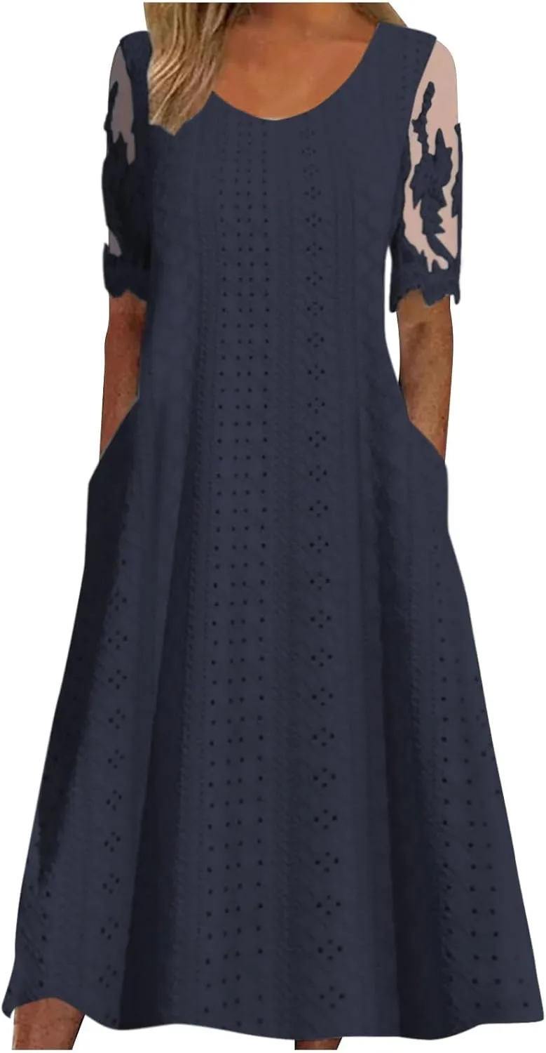 Summer Fashion Eyelets Midi Dress Women Lace Raglan Sleeve Pleated Flared Dresses Loose Casual Lounge Outfits