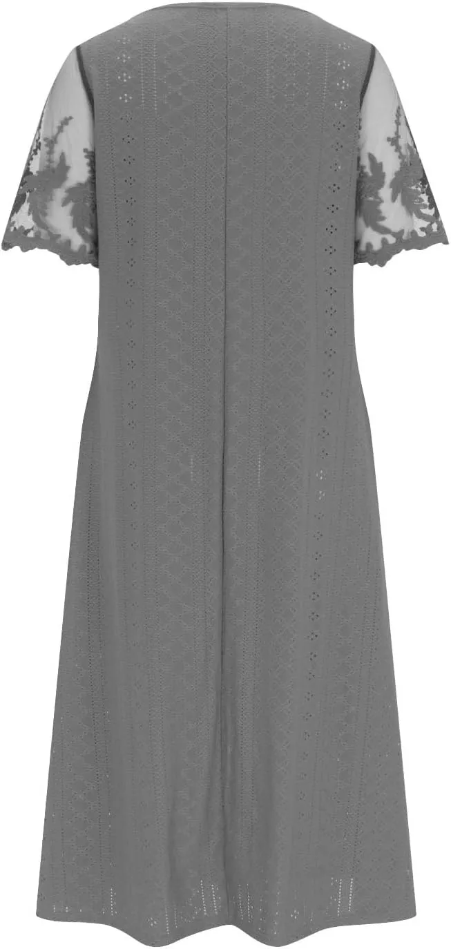 Summer Fashion Eyelets Midi Dress Women Lace Raglan Sleeve Pleated Flared Dresses Loose Casual Lounge Outfits
