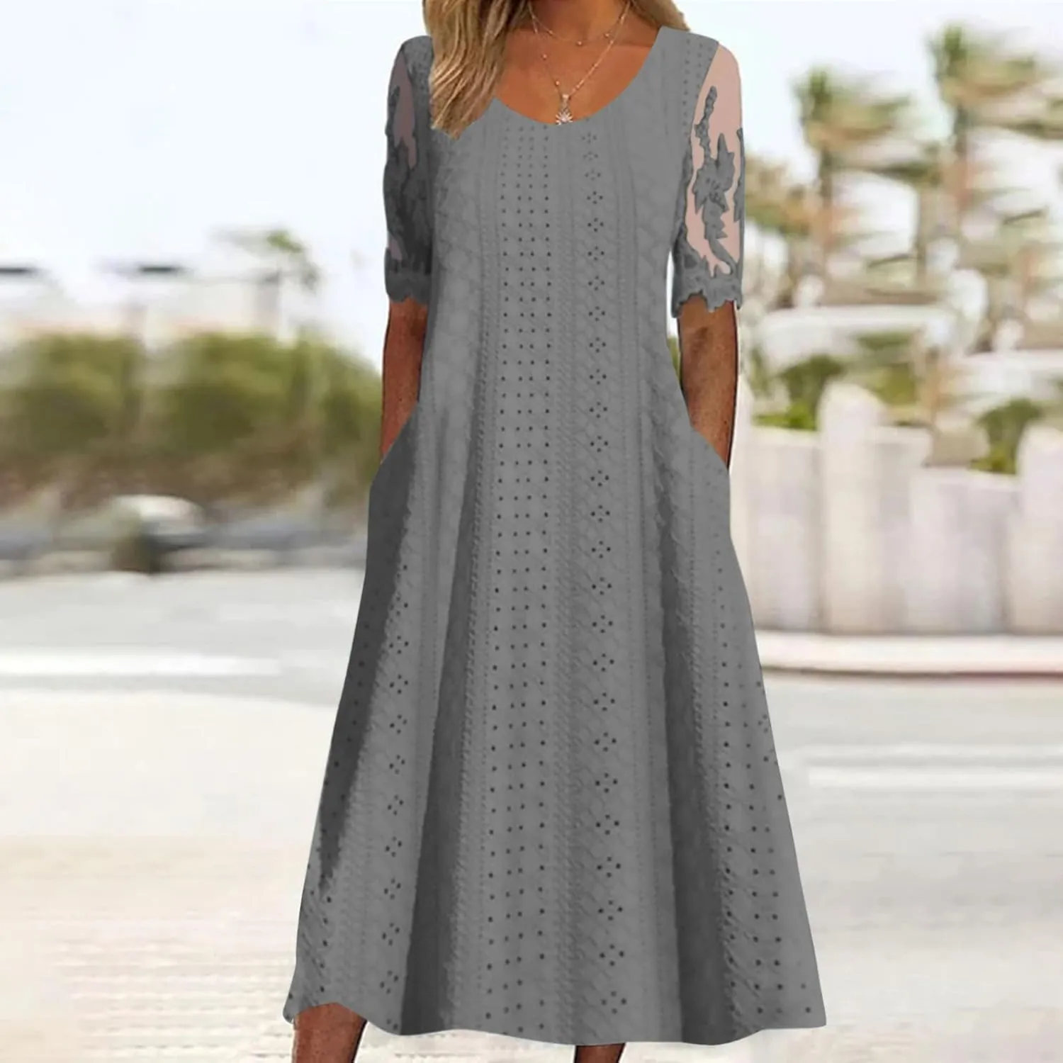 Summer Fashion Eyelets Midi Dress Women Lace Raglan Sleeve Pleated Flared Dresses Loose Casual Lounge Outfits
