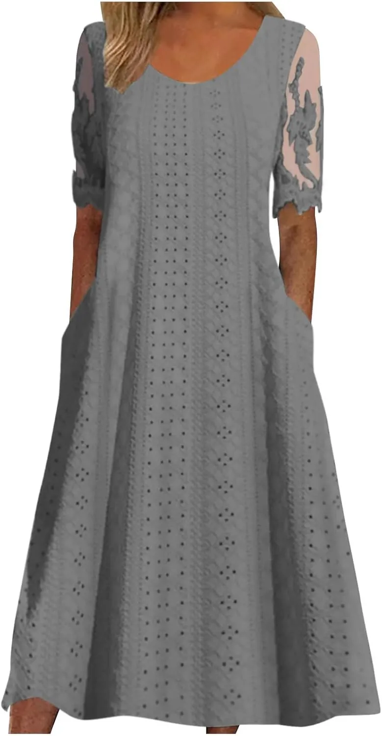 Summer Fashion Eyelets Midi Dress Women Lace Raglan Sleeve Pleated Flared Dresses Loose Casual Lounge Outfits