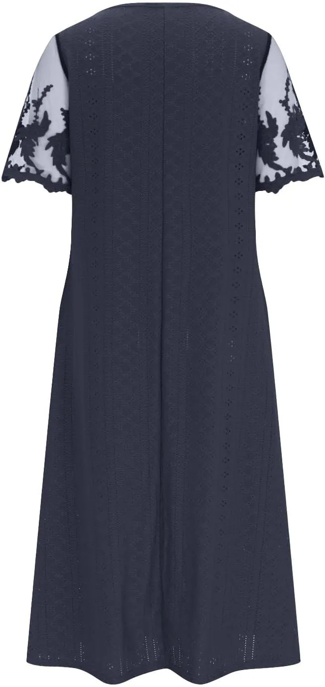 Summer Fashion Eyelets Midi Dress Women Lace Raglan Sleeve Pleated Flared Dresses Loose Casual Lounge Outfits