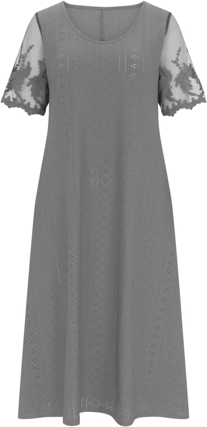 Summer Fashion Eyelets Midi Dress Women Lace Raglan Sleeve Pleated Flared Dresses Loose Casual Lounge Outfits