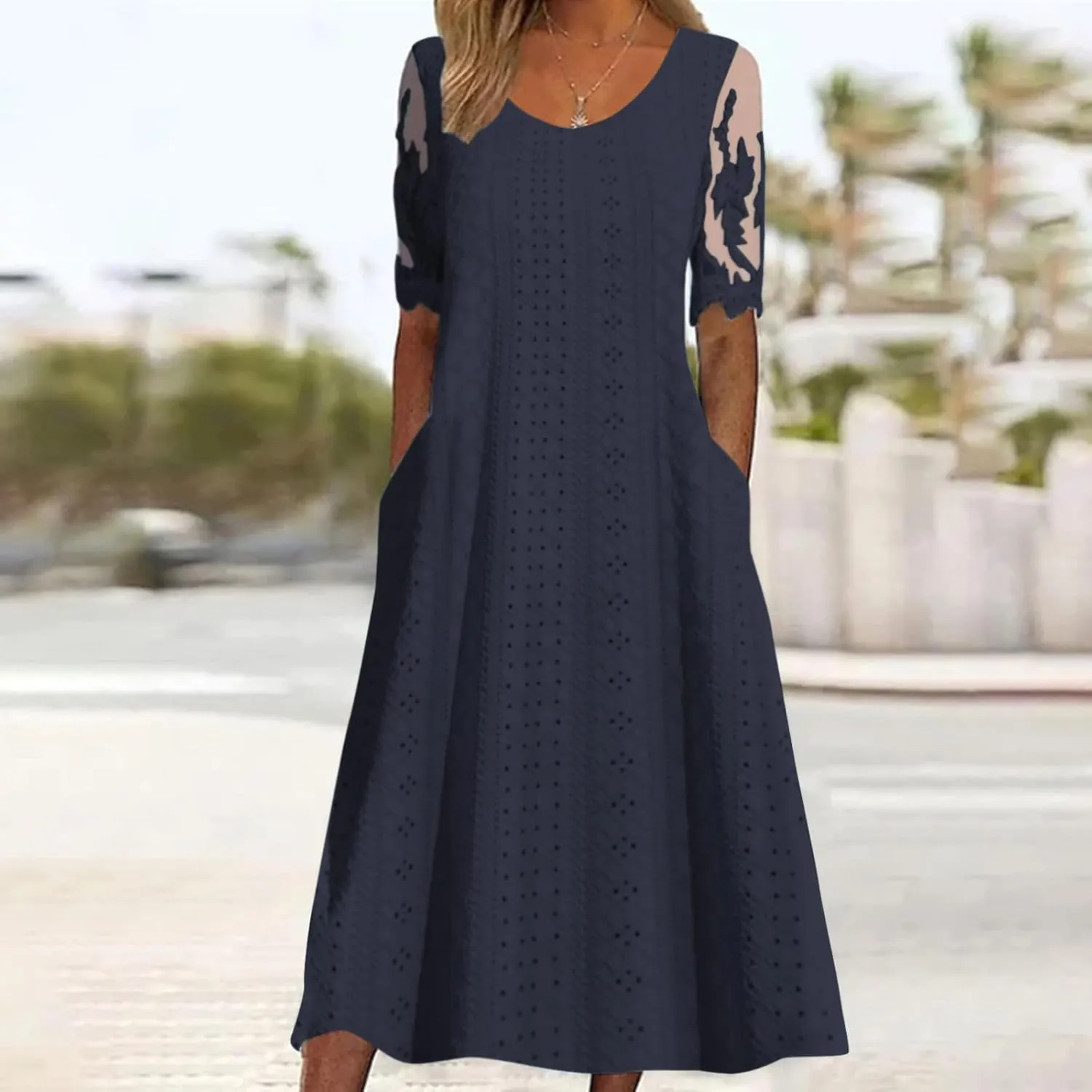Summer Fashion Eyelets Midi Dress Women Lace Raglan Sleeve Pleated Flared Dresses Loose Casual Lounge Outfits