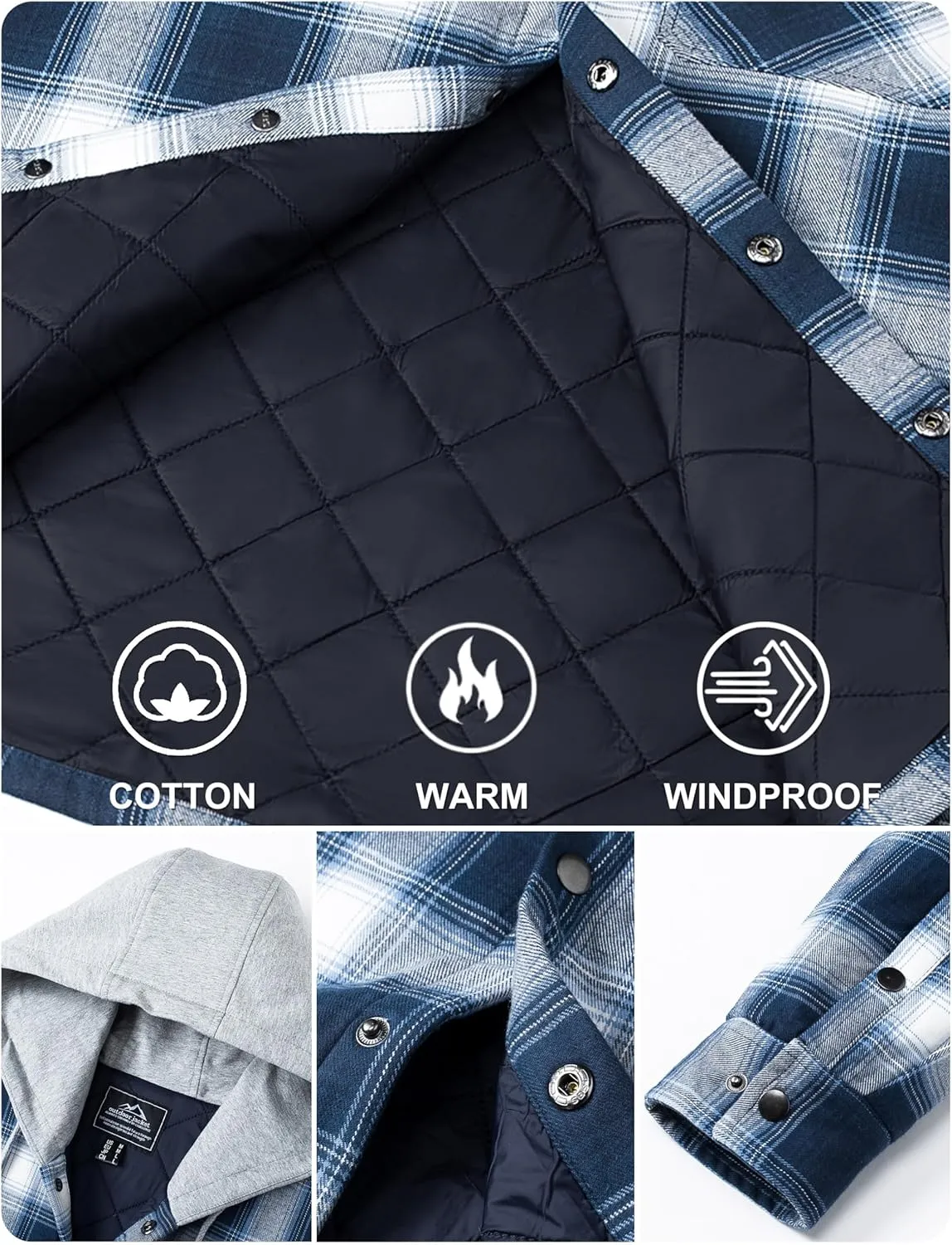 TACVASEN Mens Flannel Jacket with Hood Thick Plaid Flannel Shirts Quilted Lined Long Sleeve Winter Cotton Coat Button Down