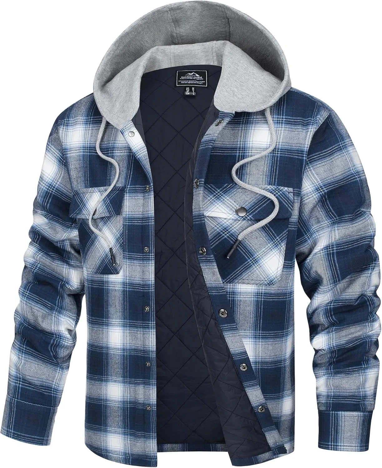 TACVASEN Mens Flannel Jacket with Hood Thick Plaid Flannel Shirts Quilted Lined Long Sleeve Winter Cotton Coat Button Down