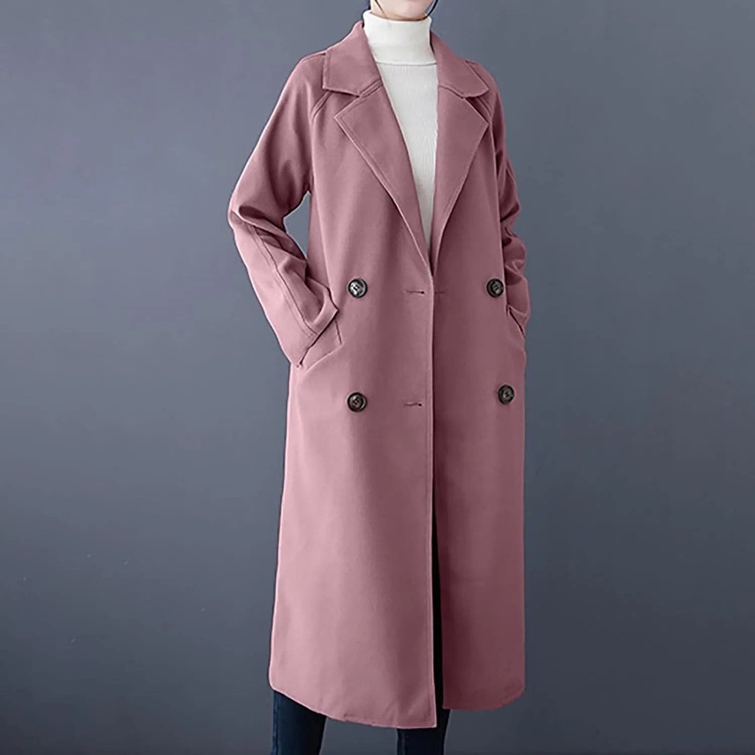 Trench Coat Women Double Breasted Lapel Collar Pea Coats Plus Size Long Winter Coats Casual Overcoat with Belt