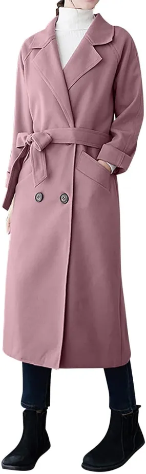 Trench Coat Women Double Breasted Lapel Collar Pea Coats Plus Size Long Winter Coats Casual Overcoat with Belt