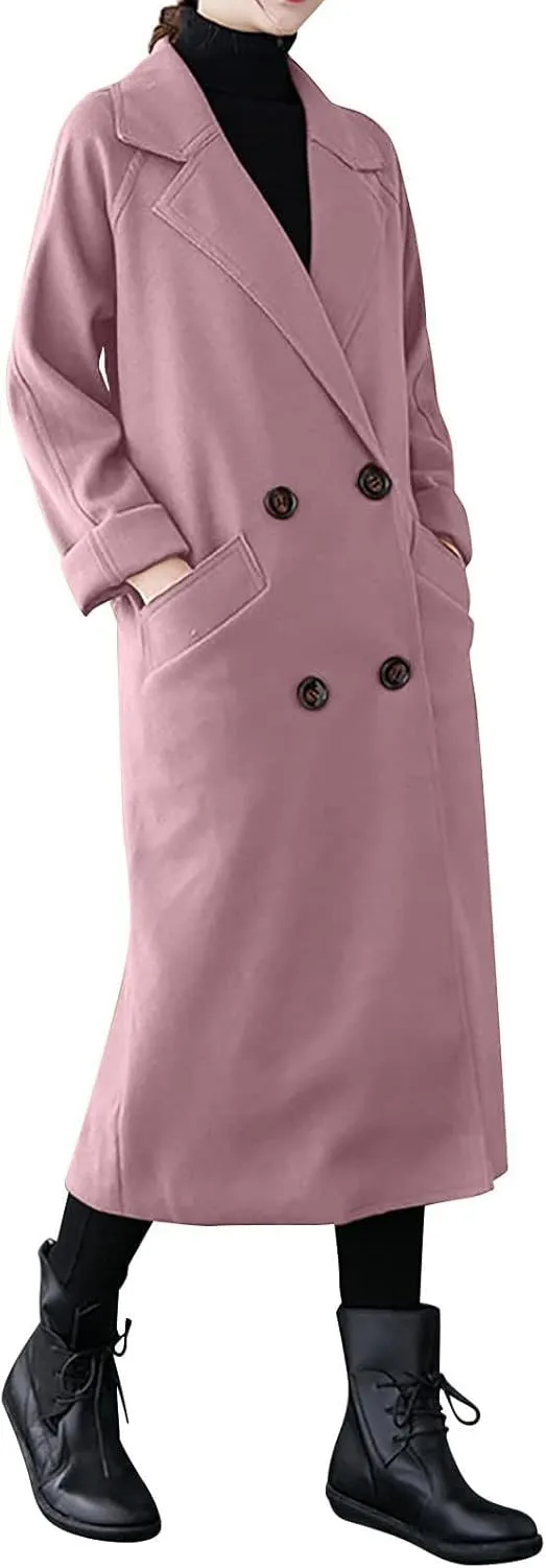 Trench Coat Women Double Breasted Lapel Collar Pea Coats Plus Size Long Winter Coats Casual Overcoat with Belt