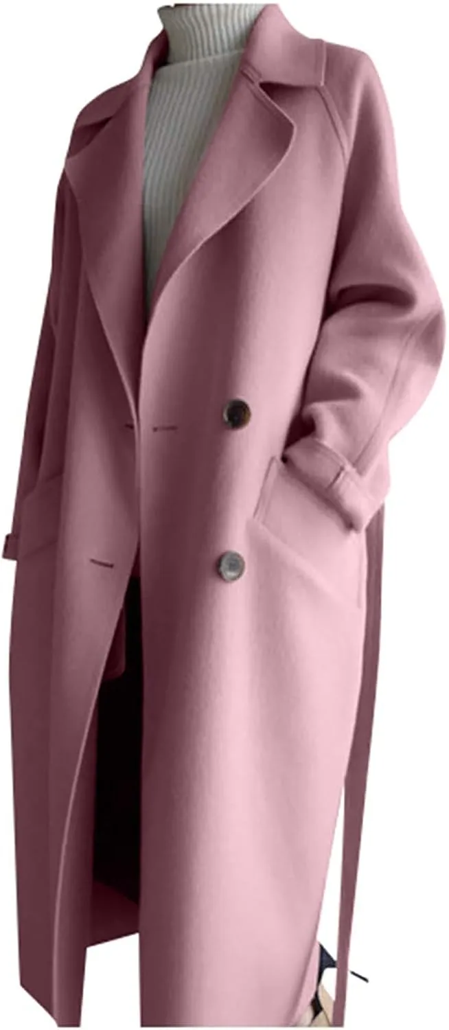 Trench Coat Women Double Breasted Lapel Collar Pea Coats Plus Size Long Winter Coats Casual Overcoat with Belt