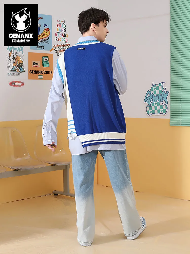 V-neck sleeveless sweater with irregular cut hem and color contrast jacquard labe