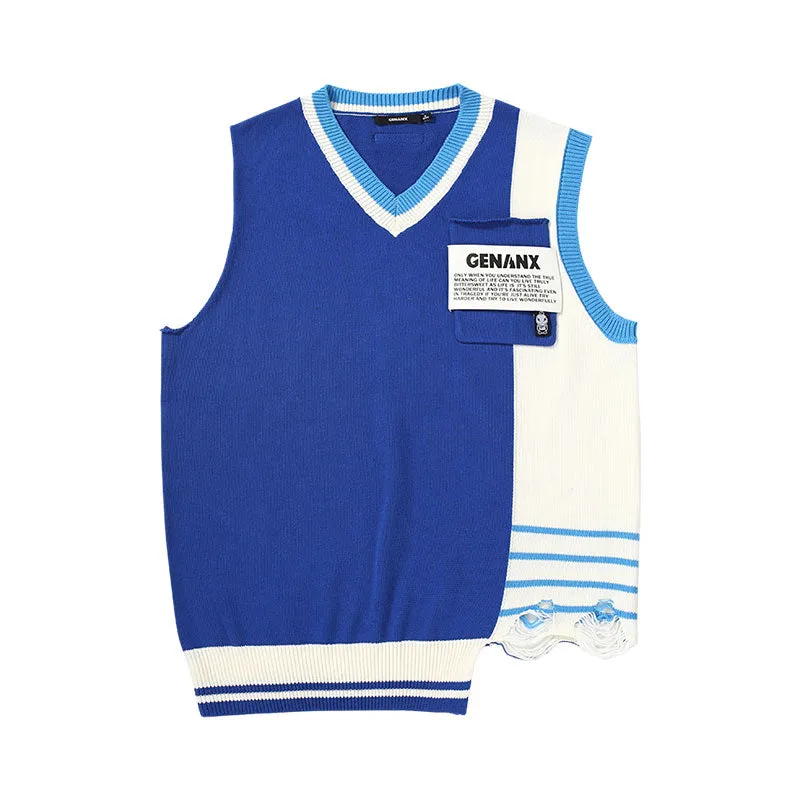 V-neck sleeveless sweater with irregular cut hem and color contrast jacquard labe
