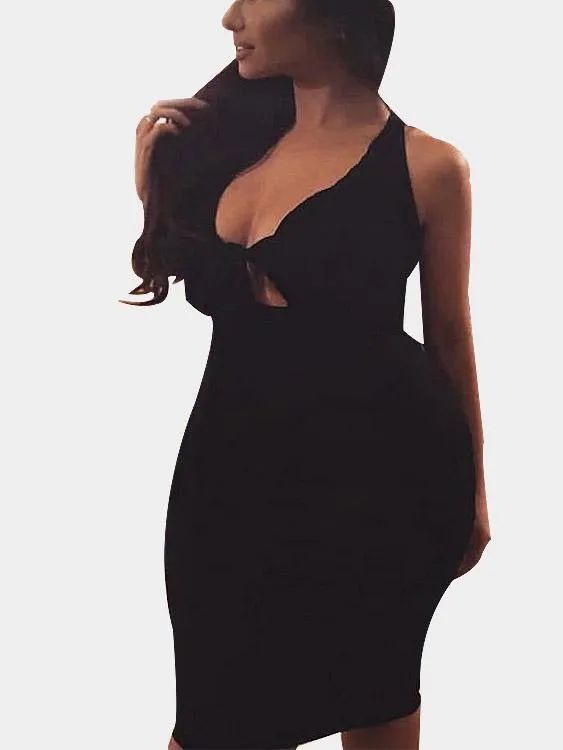 Wholesale Black Halter Sleeveless Plain Backless Cut Out Midi Dress
