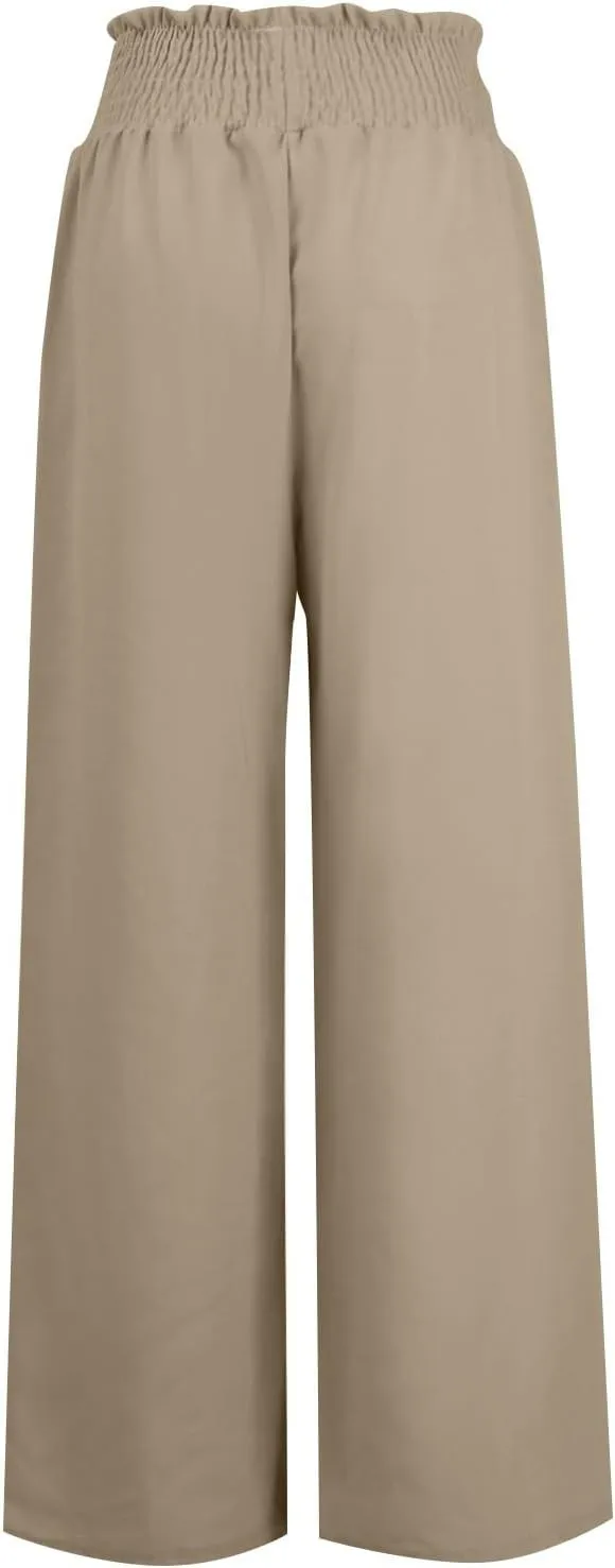 Wide Leg Linen Pants for Women Summer Drawstring Elastic High Waist Casual Boho Trousers Palazzo Flowy Pants with Pocket