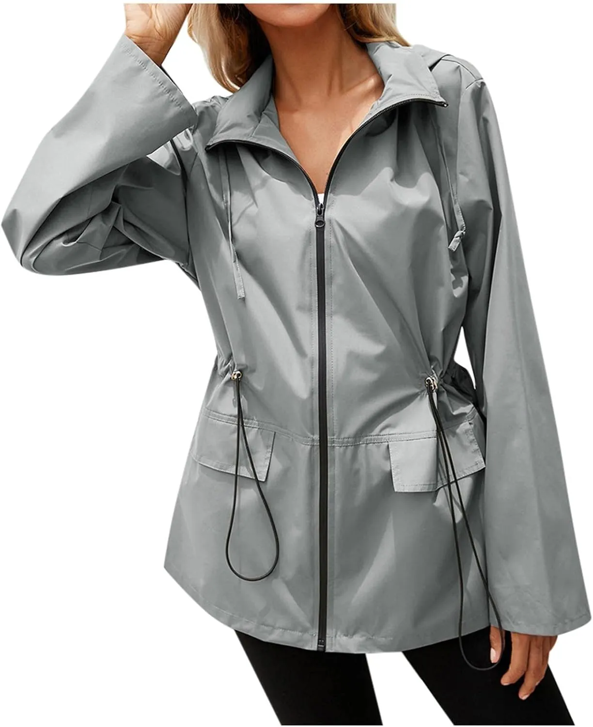 Windproof Jacket for Women Long Sleeve Raincoat Full Zip Up Hooded Plain Windbreaker with Pocket Zipper Ligh Weight Autumn
