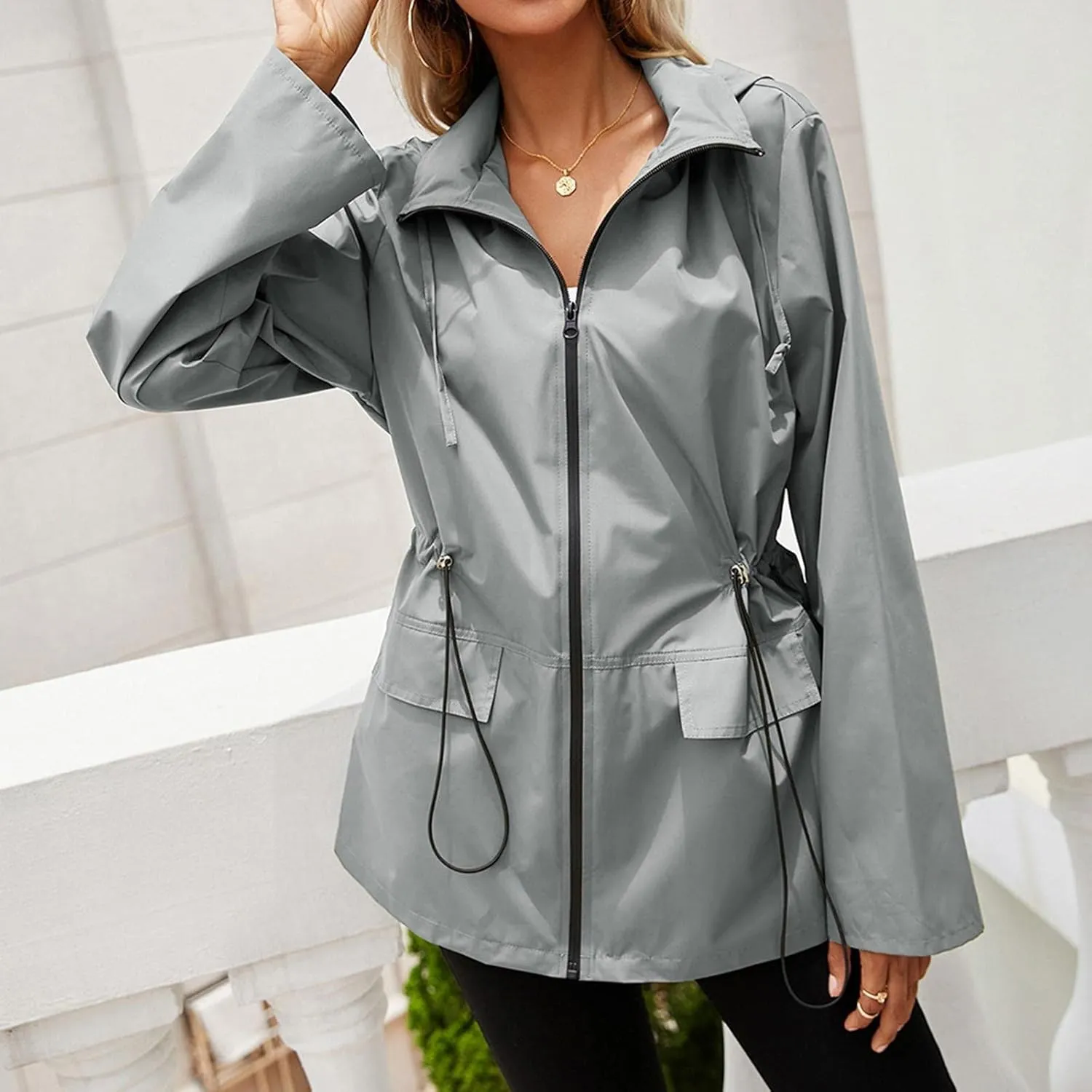 Windproof Jacket for Women Long Sleeve Raincoat Full Zip Up Hooded Plain Windbreaker with Pocket Zipper Ligh Weight Autumn