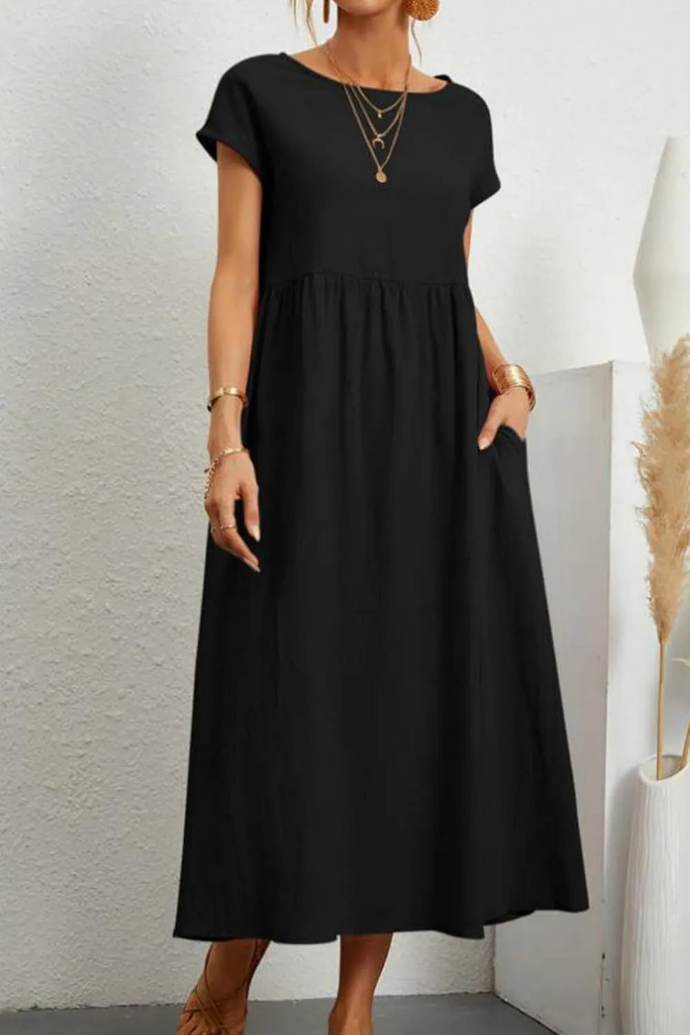 Women Summer Short Sleeve Cotton Linen Casual Pockets Loose Dress Plus Size Crewneck Shirts Elegant Flowy Midi Dress