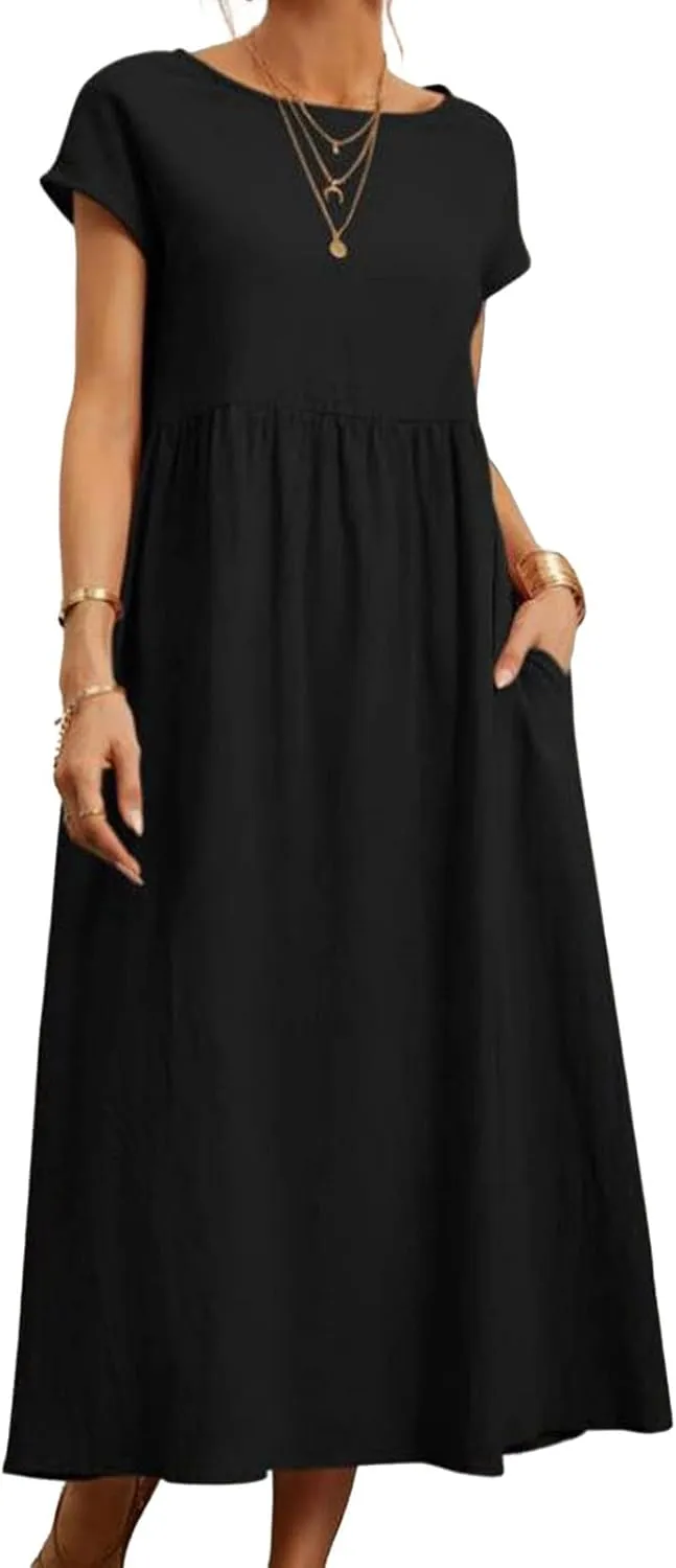 Women Summer Short Sleeve Cotton Linen Casual Pockets Loose Dress Plus Size Crewneck Shirts Elegant Flowy Midi Dress