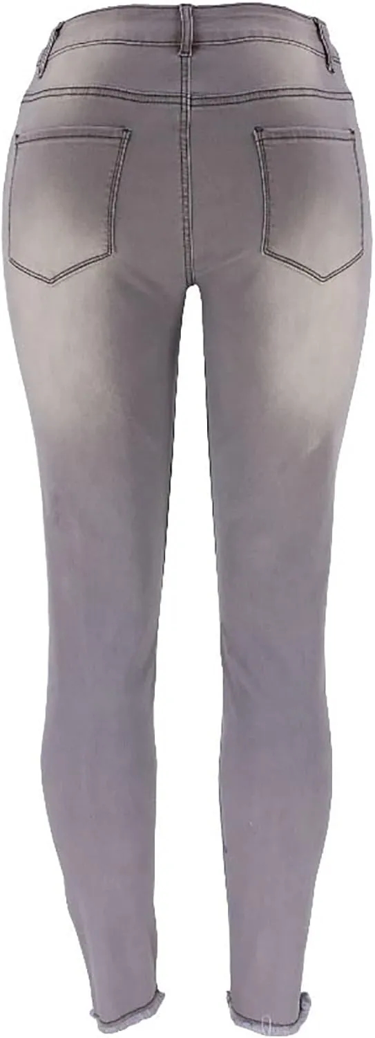 Women Trendy Skinny Denim Pants Casual Ripped Frayed Jeans Slim Fit High Waist Tight Denim Pencil Pant Slacks