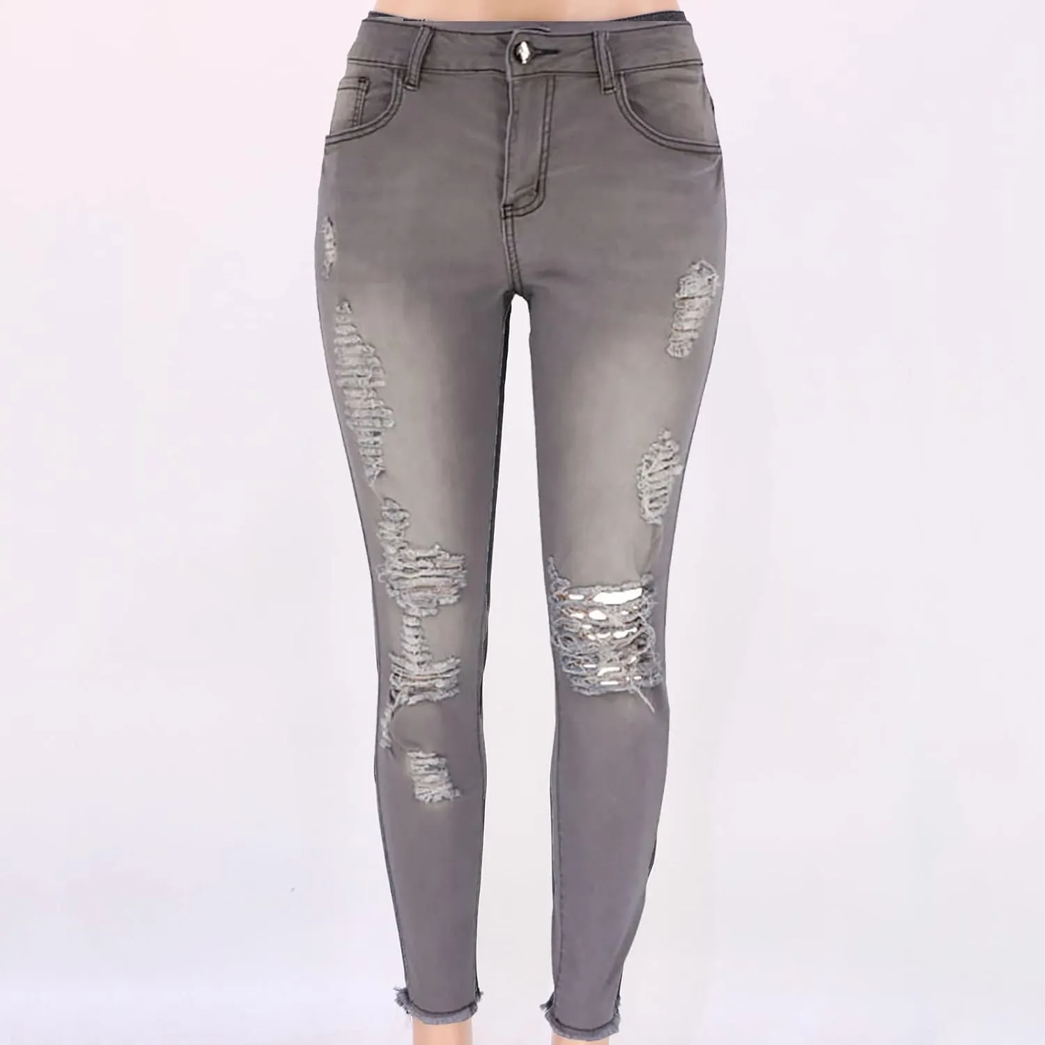 Women Trendy Skinny Denim Pants Casual Ripped Frayed Jeans Slim Fit High Waist Tight Denim Pencil Pant Slacks