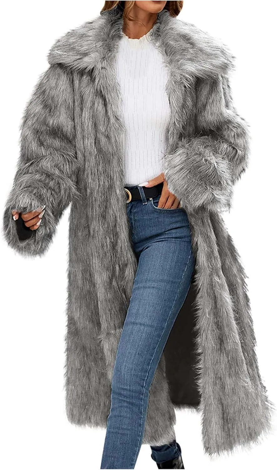 Women Winter Coat Faux Fur Full Length Warm Fuzzy Lapel Parka Jacket Thick Plus Size Sherpa Outerwear