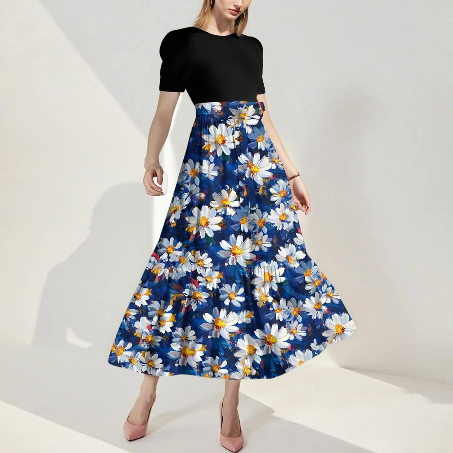 Women's 2025 Summer Floral Crew Neck Midi Dress Boho Short Sleeve High Waist Flowy Beach Vacation Dresses