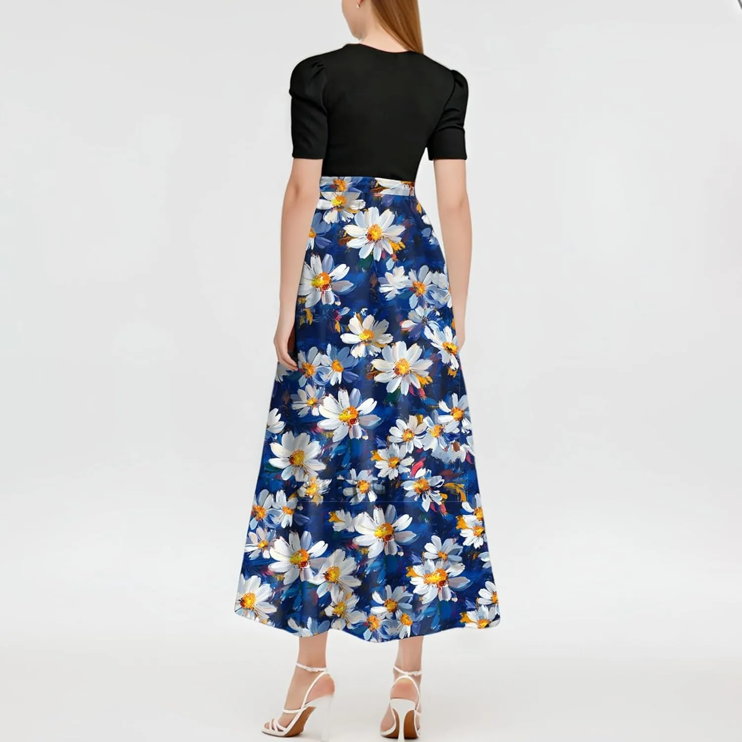 Women's 2025 Summer Floral Crew Neck Midi Dress Boho Short Sleeve High Waist Flowy Beach Vacation Dresses