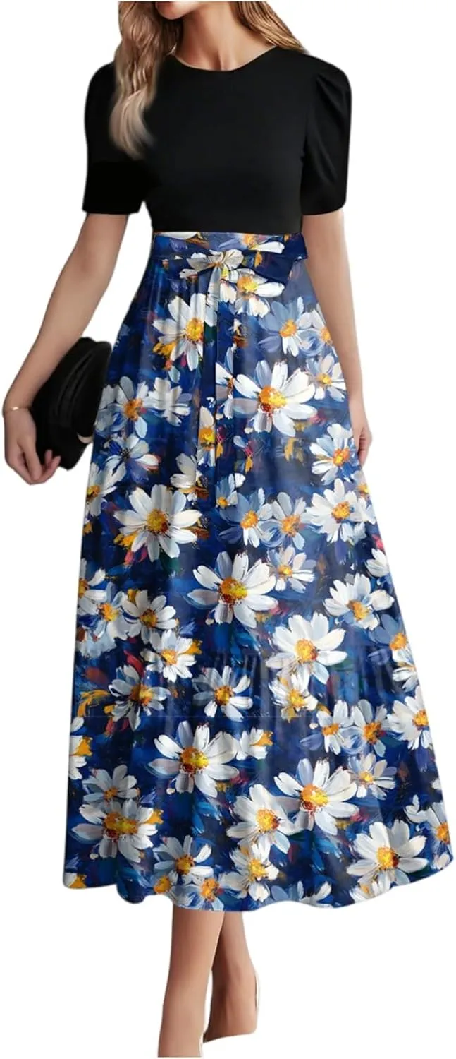 Women's 2025 Summer Floral Crew Neck Midi Dress Boho Short Sleeve High Waist Flowy Beach Vacation Dresses