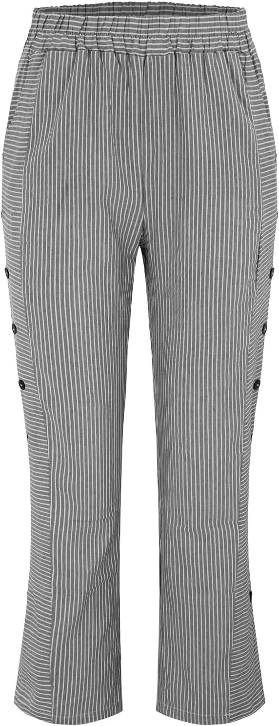 Women's Cotton Linen Pant Stripe Side Button Elastic Waist Straight Leg Trousers Summer Loose Capri Pants with Pocket