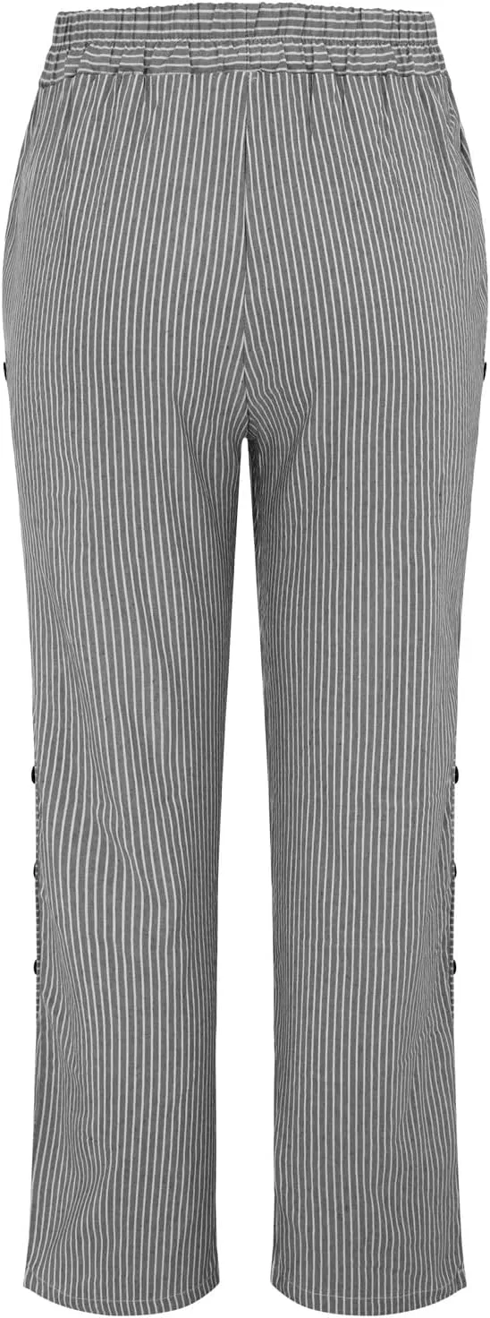 Women's Cotton Linen Pant Stripe Side Button Elastic Waist Straight Leg Trousers Summer Loose Capri Pants with Pocket