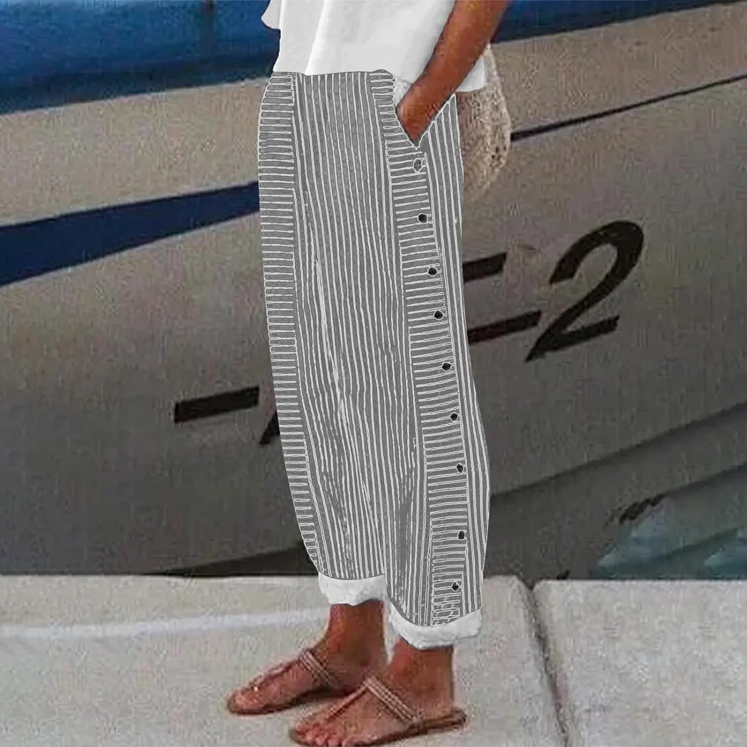 Women's Cotton Linen Pant Stripe Side Button Elastic Waist Straight Leg Trousers Summer Loose Capri Pants with Pocket