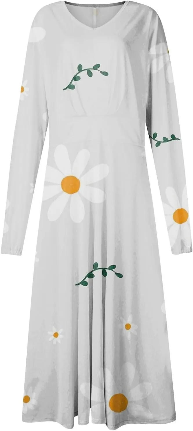 Womens Fall Dresses Long Sleeve V Neck Floral Print Wrap Maxi Dress Ruffle A-Line Flowy Long Dresses