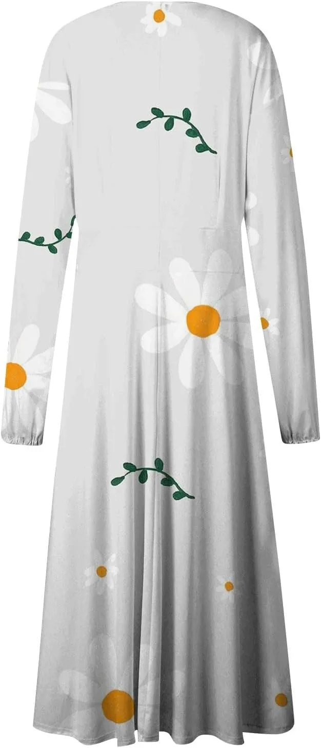 Womens Fall Dresses Long Sleeve V Neck Floral Print Wrap Maxi Dress Ruffle A-Line Flowy Long Dresses