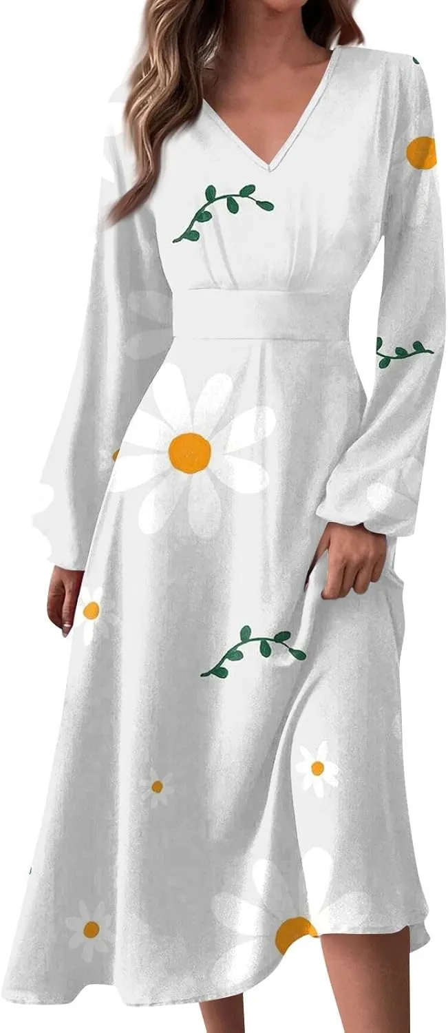 Womens Fall Dresses Long Sleeve V Neck Floral Print Wrap Maxi Dress Ruffle A-Line Flowy Long Dresses
