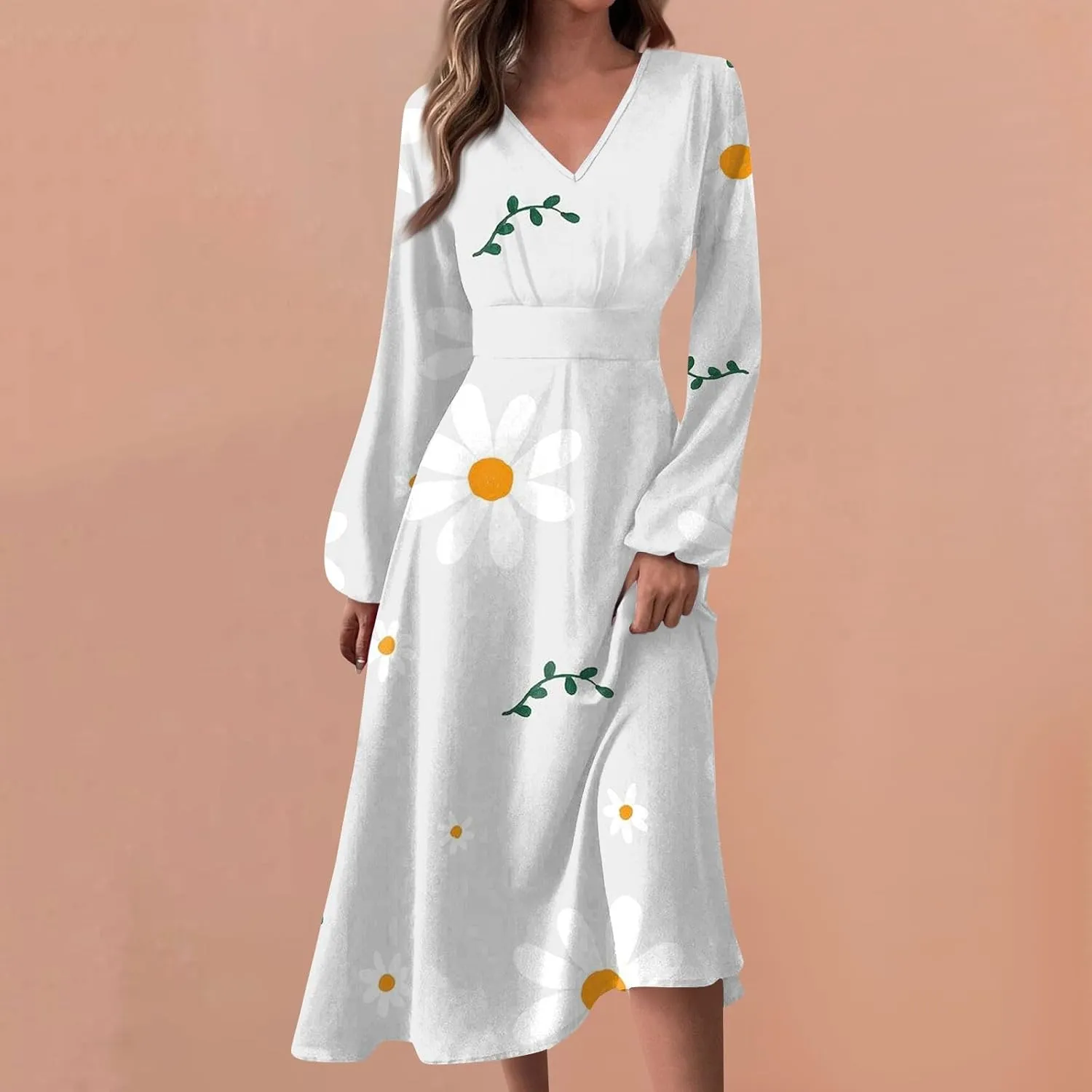 Womens Fall Dresses Long Sleeve V Neck Floral Print Wrap Maxi Dress Ruffle A-Line Flowy Long Dresses