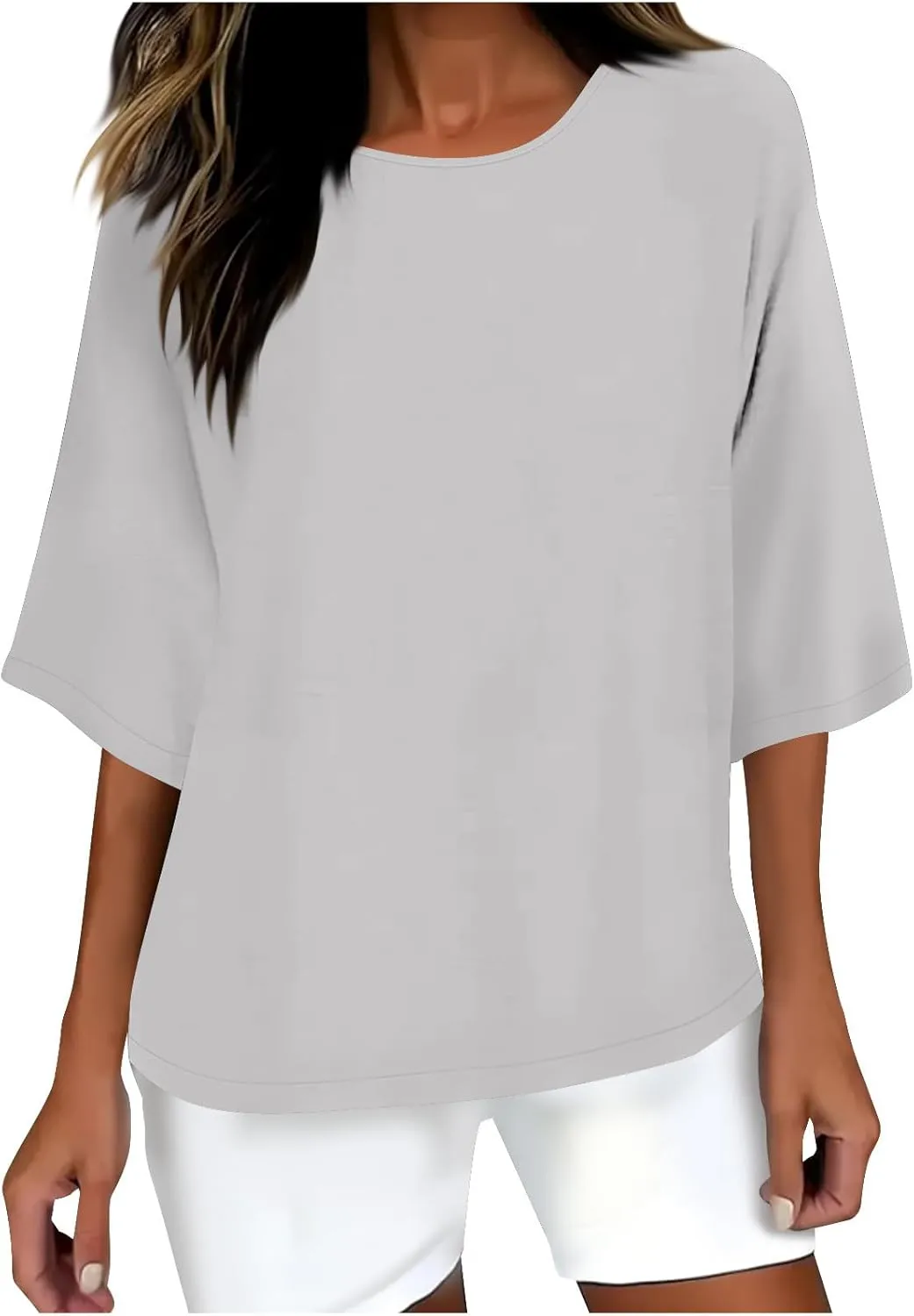 Womens Fashion Cotton Linen T-Shirt Crewneck 3/4 Sleeves Tops Solid Color Loose Basic Tees Summer Casual Blouses