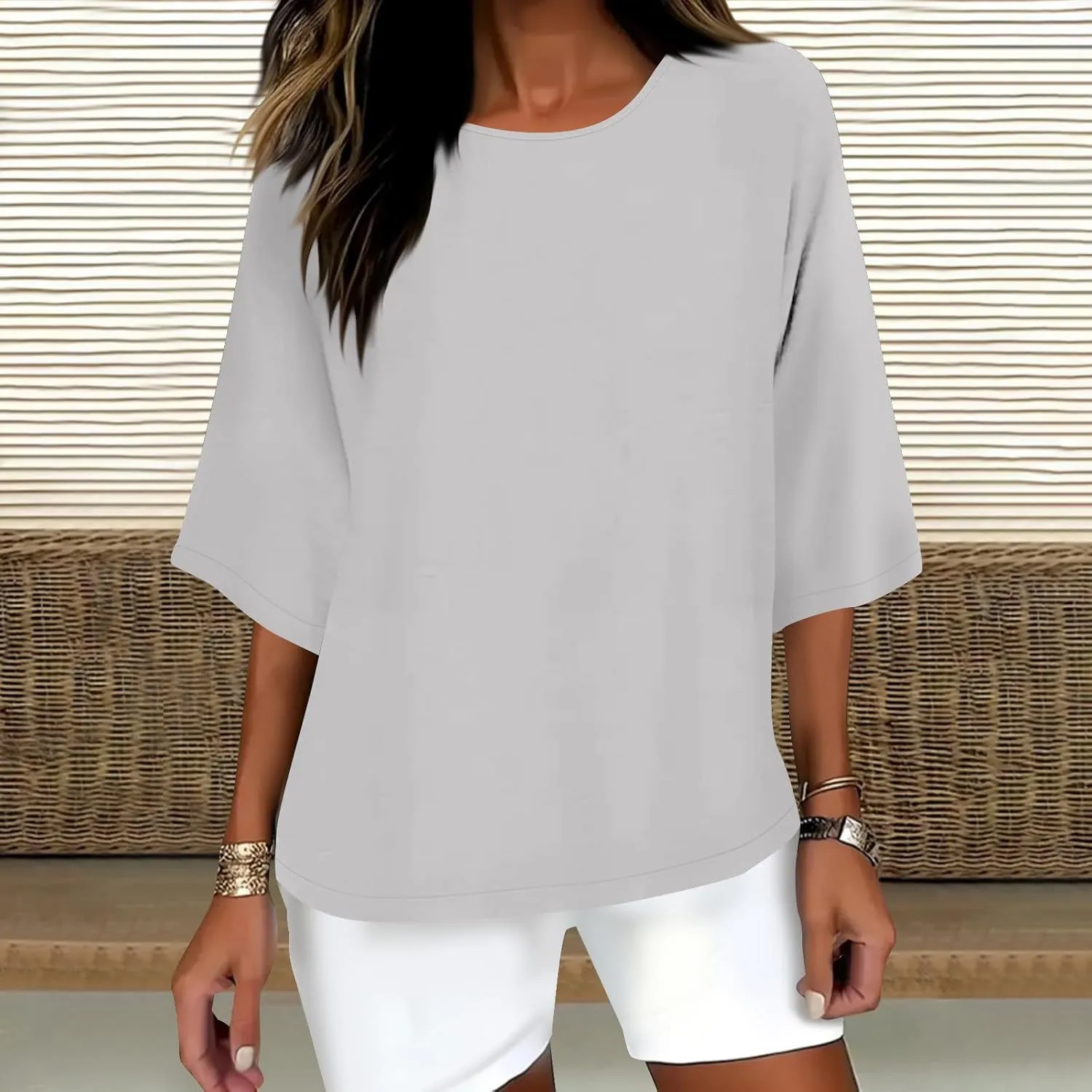 Womens Fashion Cotton Linen T-Shirt Crewneck 3/4 Sleeves Tops Solid Color Loose Basic Tees Summer Casual Blouses