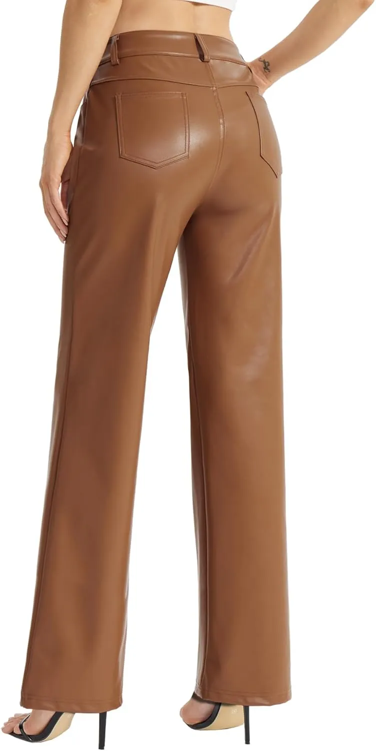 Women's Faux Leather Pants Button PU Jeans Straight Wide Leg Trousers with Pockets