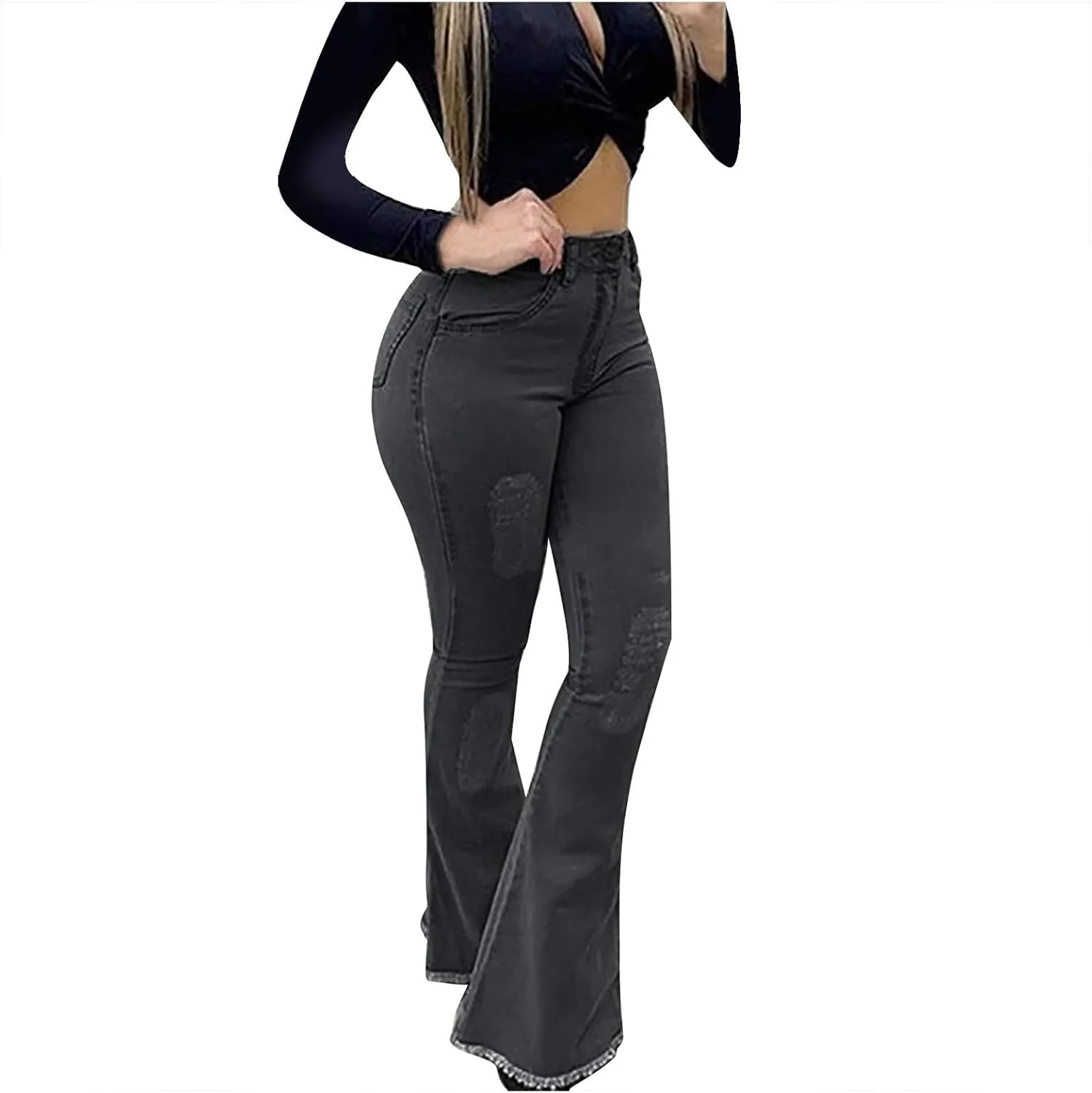 Womens Jeans Low Waist Retro Straight Leg Jeans Flap Pocket Boot Cut Denim Pants Sexy Ribcage Bell Bottom Jeans
