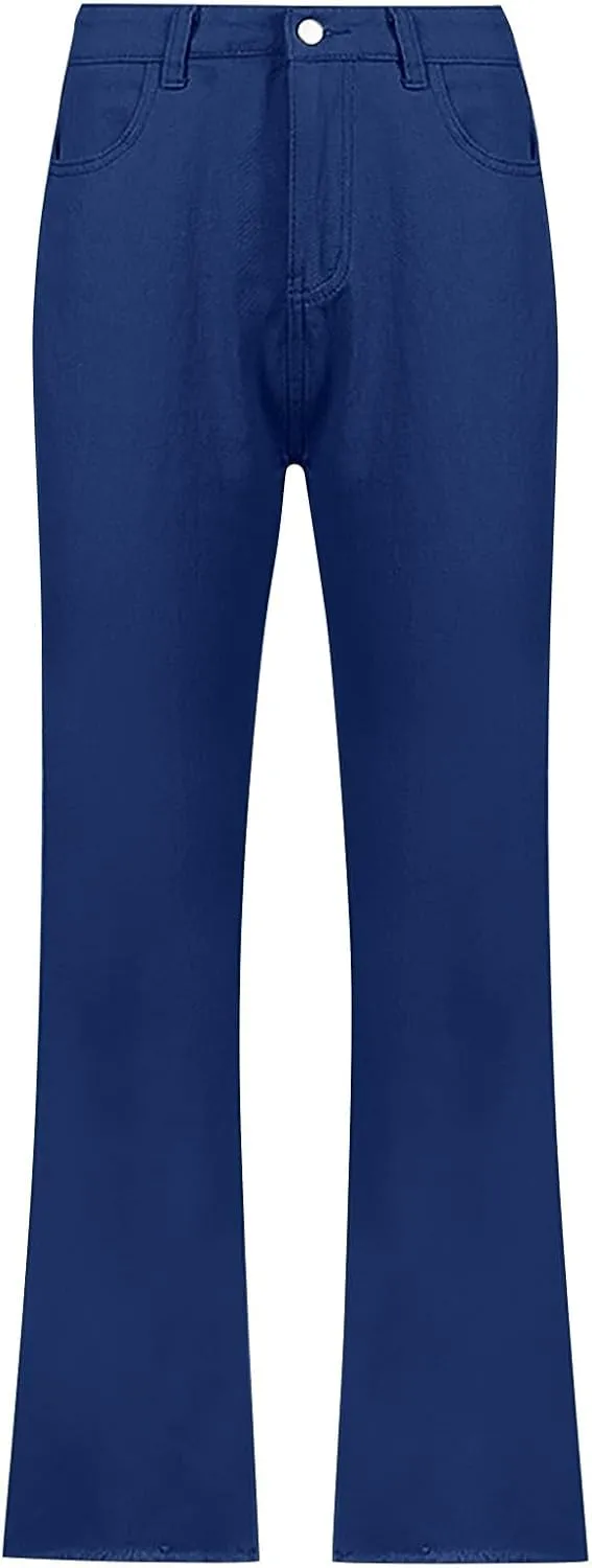 Women's Stretch Bell Bottom Jeans High Waisted Wide Leg Denim Pants Y2K Patterned Baggy Flared Hem Jeans