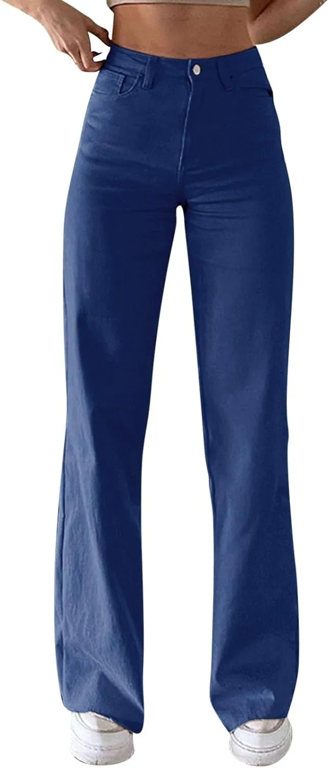 Women's Stretch Bell Bottom Jeans High Waisted Wide Leg Denim Pants Y2K Patterned Baggy Flared Hem Jeans
