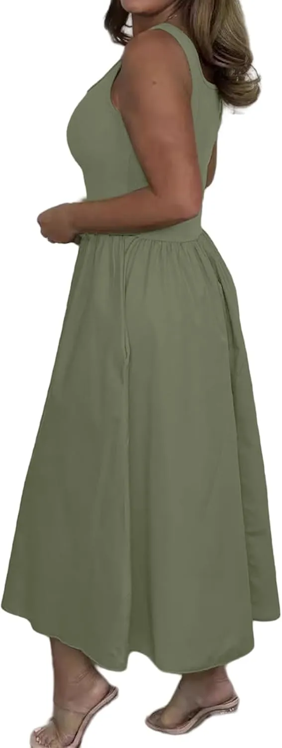 Womens Summer Dresses Casual Maxi Dress Flowy Business Tank Dress Long Sleeveless Beach Vacation Midi Sundress