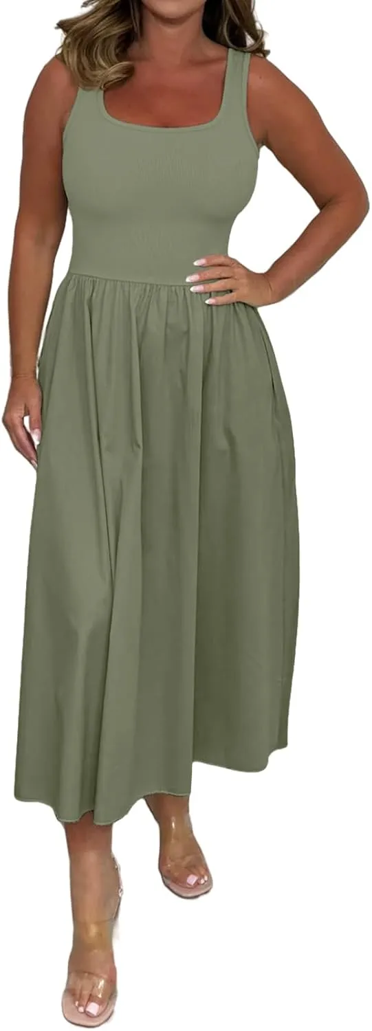 Womens Summer Dresses Casual Maxi Dress Flowy Business Tank Dress Long Sleeveless Beach Vacation Midi Sundress