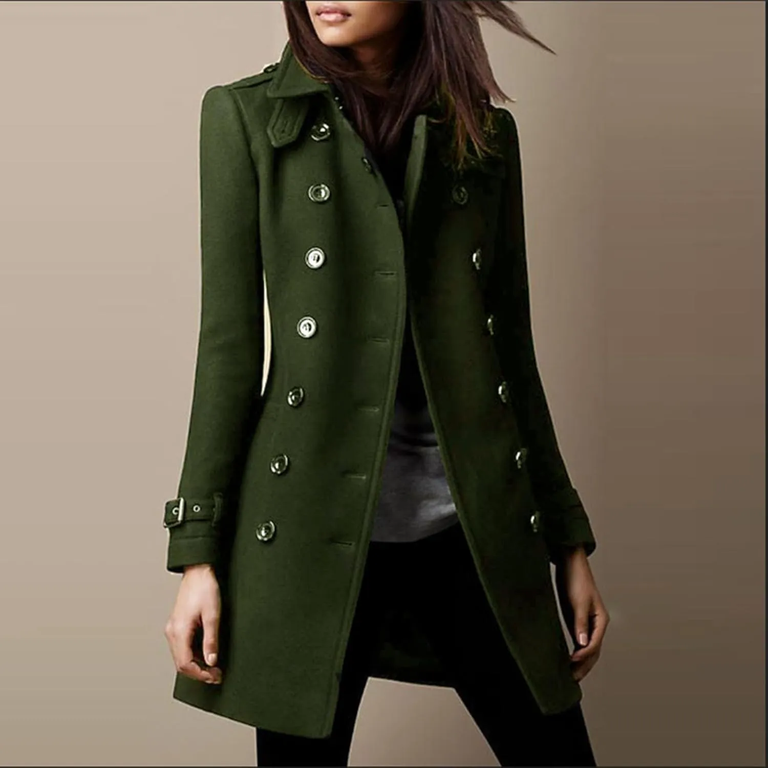Womens Trench Coat Winter Fashion Double Breasted Wool Coat Elegant Collared Wool Blend Trench Pea Coats