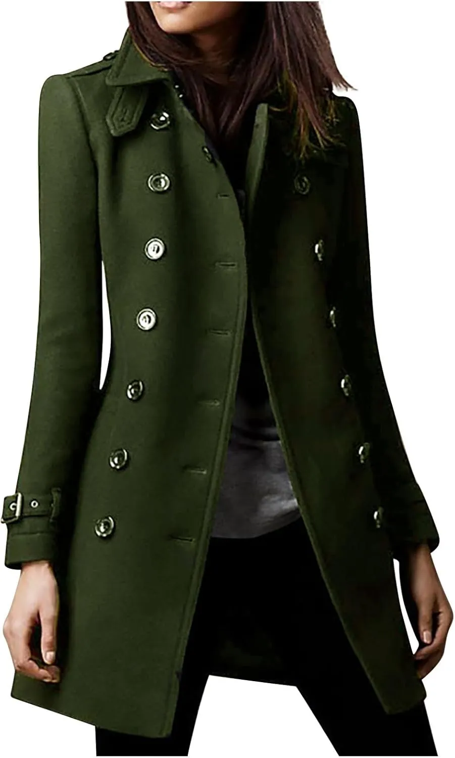 Womens Trench Coat Winter Fashion Double Breasted Wool Coat Elegant Collared Wool Blend Trench Pea Coats