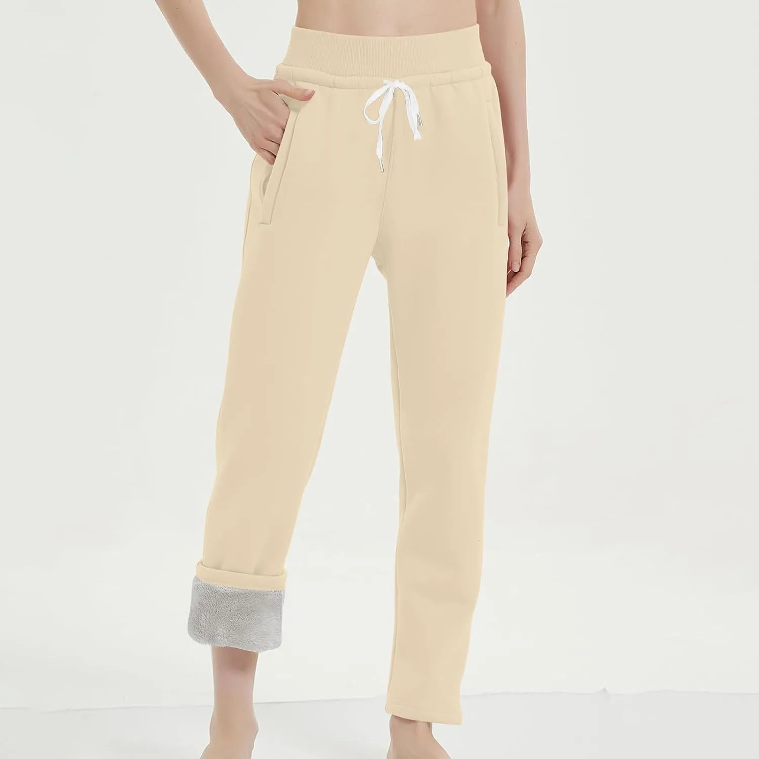 Women's Warm Sherpa Lined Athletic Sweatpants Jogger Fleece Pants Baggy Elastic Waist Push Sweat Pants with Pockets