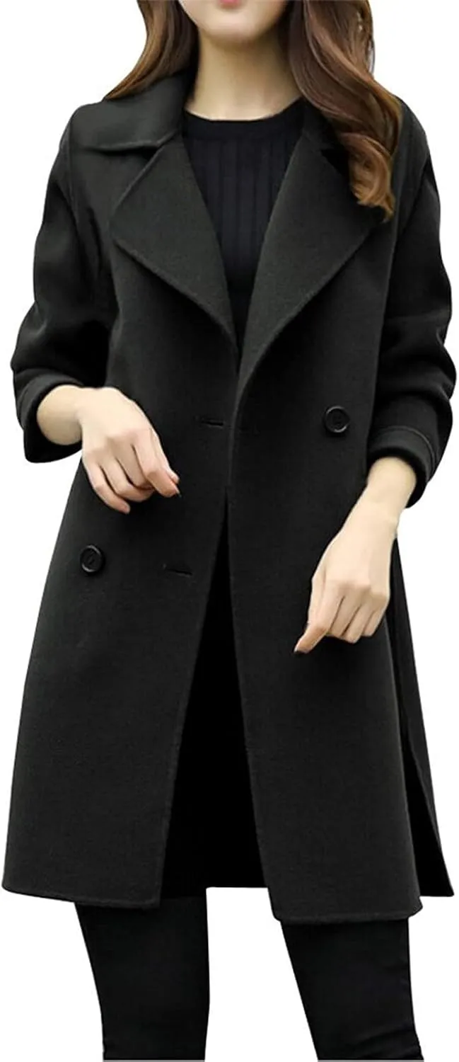 Women's Wool Blend Trench Coats Elegant Notched Collar Double Breasted Pea Coats Mid-Long Oversized Winter Jacket