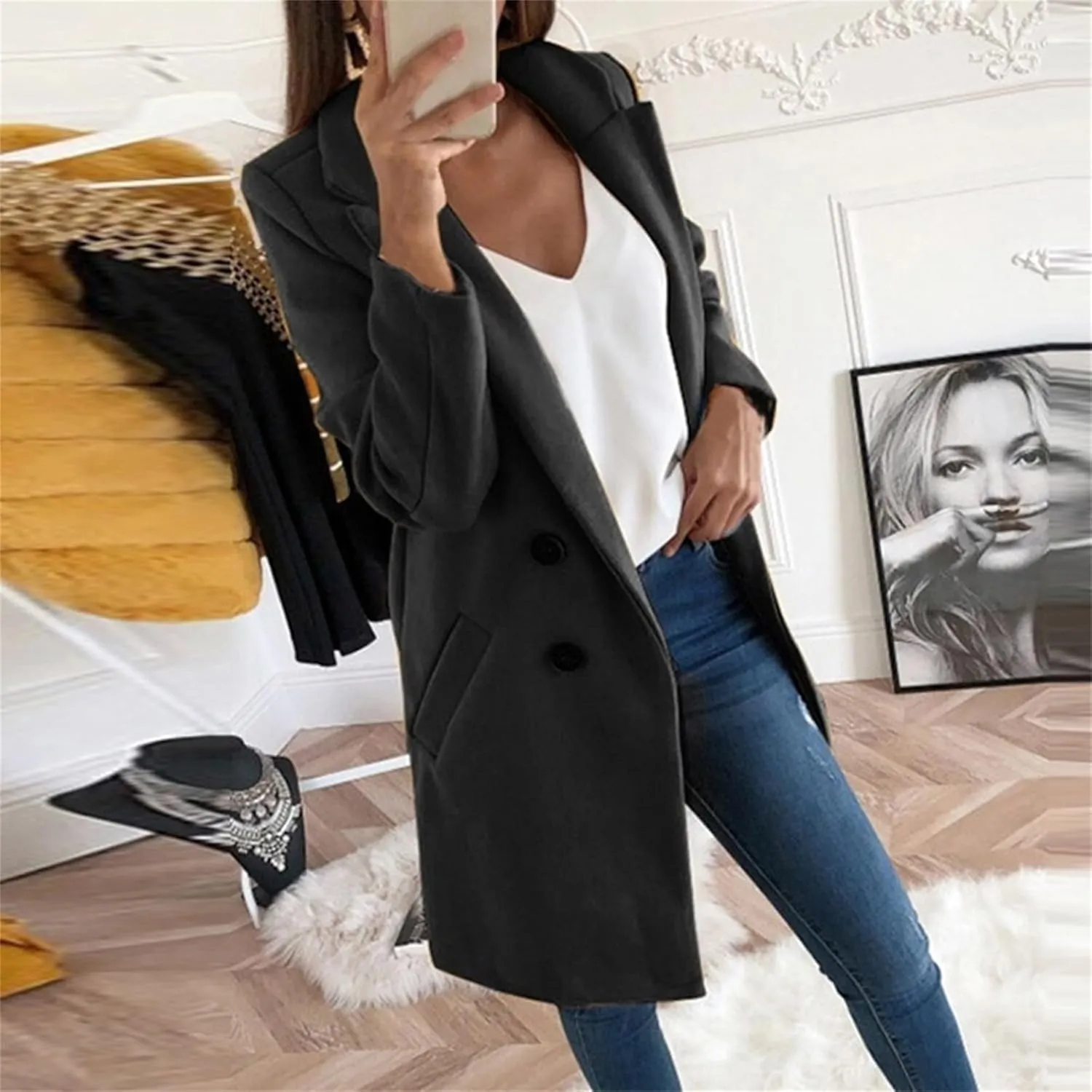 Womens Wool Coats Mid Length Double Breasted Trench Coat Business Casual Blazer Peacoat Jacket Fall Winter Fashion